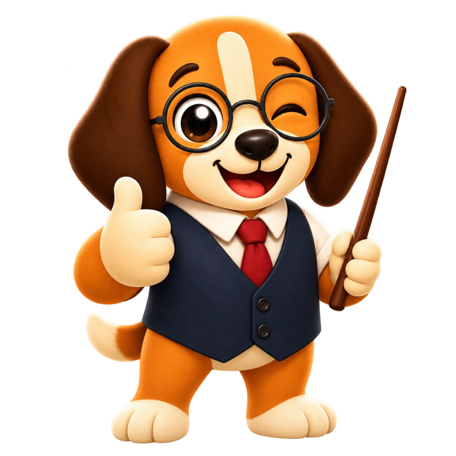 Bix, our beagle language companion, wearing his glasses, navy vest and red tie