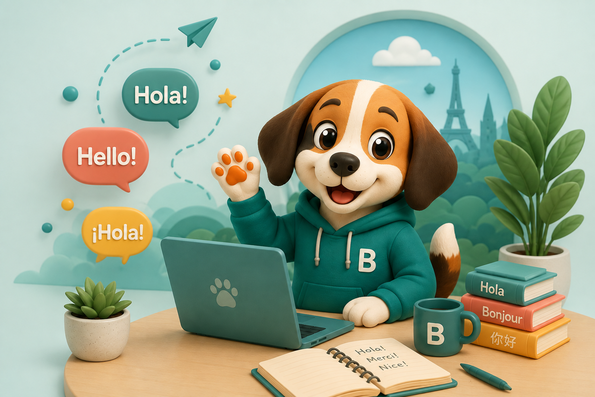 Bix, BixLearn's beagle mascot, waving from a laptop while speech bubbles reading Hola, Hello and ¡Hola! float past