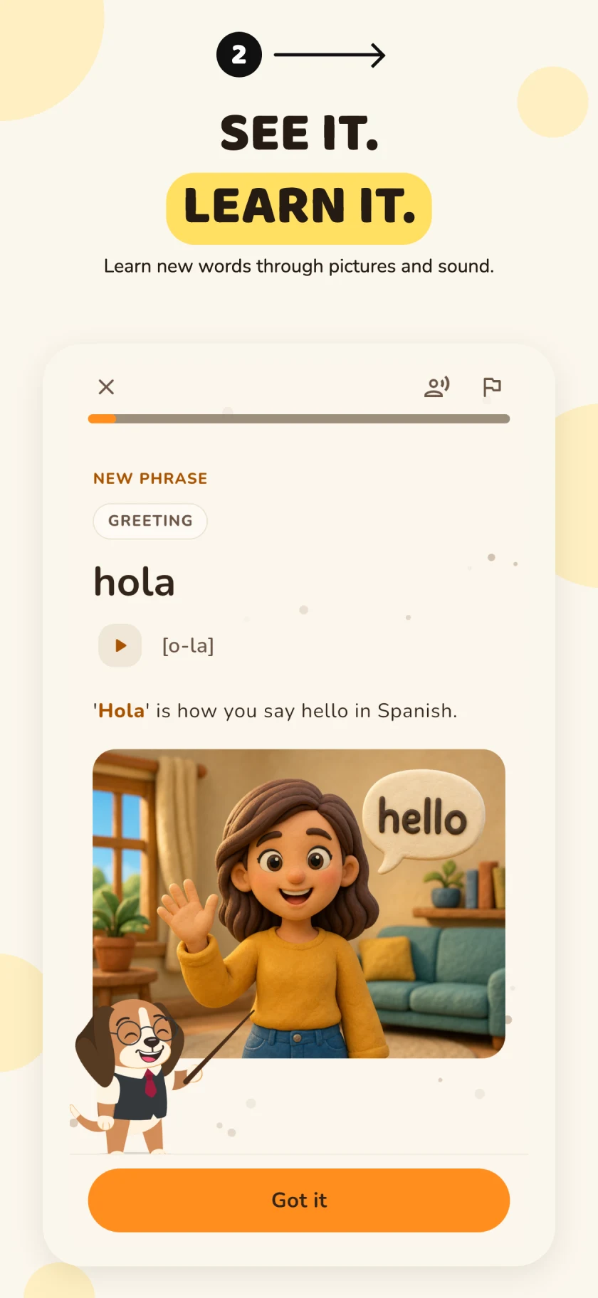 English store listing teaching the Spanish greeting hola with a picture and pronunciation